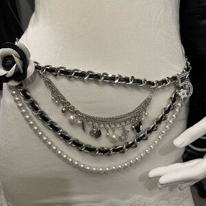Elegant Silver and Black Chain Belt with Pearls